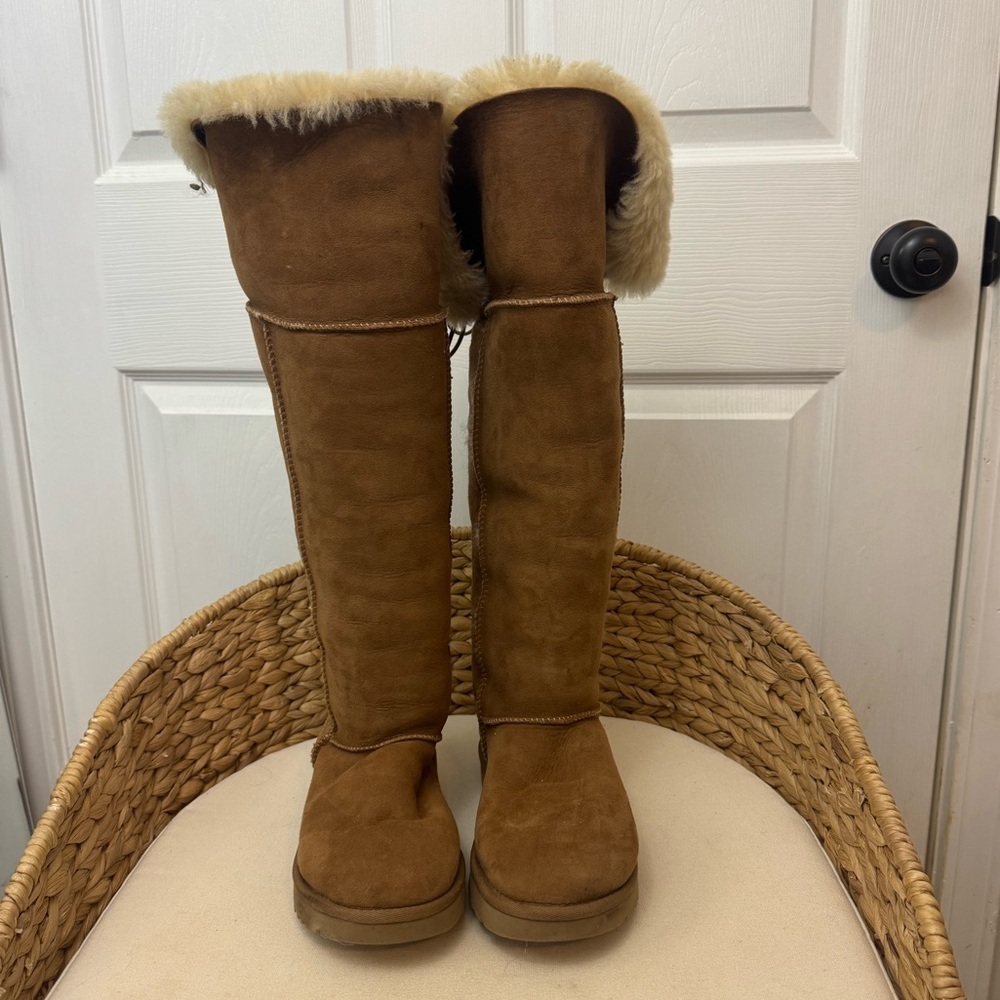 UGG Tall Shearling-Trim Chestnut Suede Boots